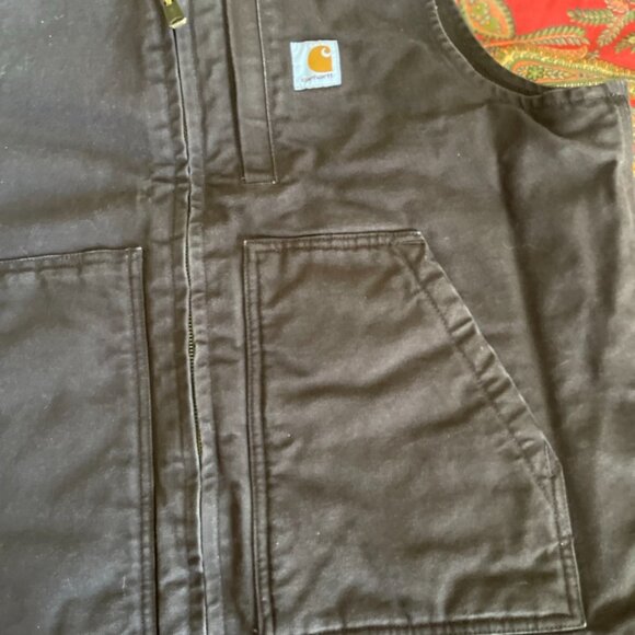 Men's Carhartt Dark Brown Cotton Loose Fit Washed Duck Sherpa-Lined Vest Medium! - Picture 5 of 16